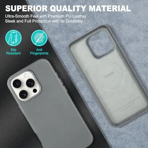 TUCCH Magnetic Case for iPhone 16 Pro, Wireless Charging PU Leather Anti-Slip Protective Back Cover, Anti-Fingerprint Lightweight Shockproof Phone Case Compatible with iPhone 16 Pro 6.3