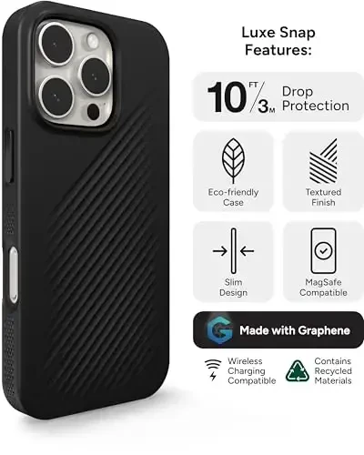 ZAGG Luxe Snap Case for iPhone 16 Pro - MagSafe Wireless Charging, 10ft Drop Protection, Eco-Friendly, Graphene Reinforced, Ripple Design, Black - 3