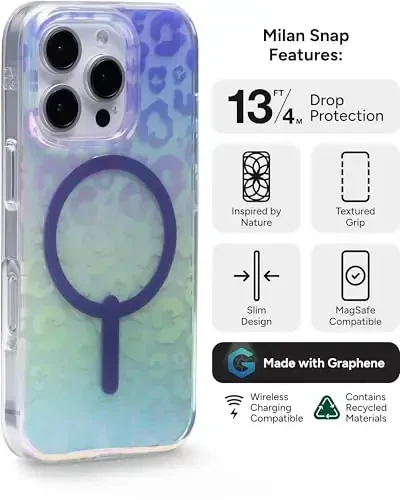 ZAGG Milan Snap Case for iPhone 16 Pro - Color Changing Finish, MagSafe & Wireless Charging Compatible, 13ft Drop Protection, Graphene Reinforced, Eco-Friendly, Glossy Iridescent Leopard - 3