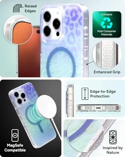 ZAGG Milan Snap Case for iPhone 16 Pro - Color Changing Finish, MagSafe & Wireless Charging Compatible, 13ft Drop Protection, Graphene Reinforced, Eco-Friendly, Glossy Iridescent Leopard - 5