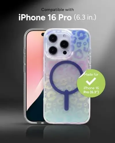 iPhone 16 Pro için ZAGG Milan Snap Kılıf - Renk Değiştiren Yüzey, MagSafe ve Kablosuz Şarj Uyumlu, 4 Metre Düşme Koruması, Grafen Takviyeli, Çevre Dostu, Parlak İriden Desenli Leopar - 2