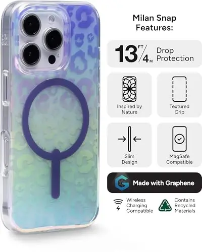 iPhone 16 Pro için ZAGG Milan Snap Kılıf - Renk Değiştiren Yüzey, MagSafe ve Kablosuz Şarj Uyumlu, 4 Metre Düşme Koruması, Grafen Takviyeli, Çevre Dostu, Parlak İriden Desenli Leopar - 3
