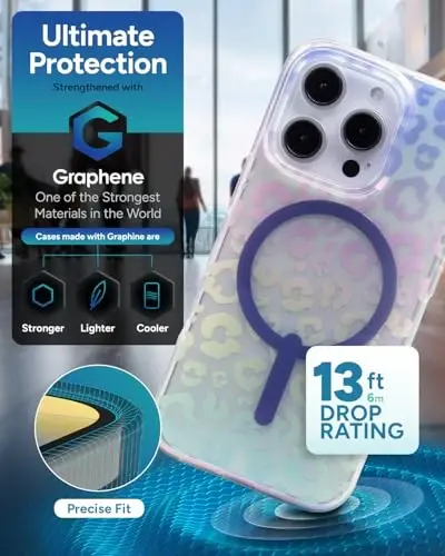 iPhone 16 Pro için ZAGG Milan Snap Kılıf - Renk Değiştiren Yüzey, MagSafe ve Kablosuz Şarj Uyumlu, 4 Metre Düşme Koruması, Grafen Takviyeli, Çevre Dostu, Parlak İriden Desenli Leopar - 4