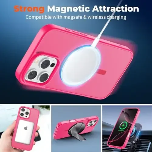zapica Magnetic for iPhone 16 Pro Case, [Compatible with MagSafe] [Military Grade Drop Protection] Translucent Matte Shockproof Anti-Scratch Phone Case, Hot Pink 