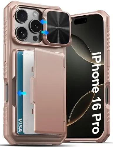 ATATOO for iPhone 16 Pro Case Wallet, Built-in Card Holder (Store 3-5 Cards) & Slide Lens Cover, Military Grade Protection, Shockproof Silicone Protective Case for iPhone 16 Pro 6.3