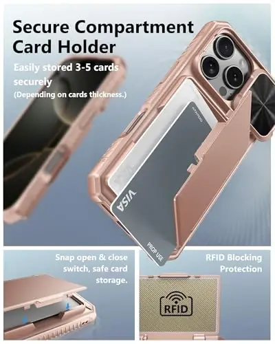 ATATOO for iPhone 16 Pro Case Wallet, Built-in Card Holder (Store 3-5 Cards) & Slide Lens Cover, Military Grade Protection, Shockproof Silicone Protective Case for iPhone 16 Pro 6.3