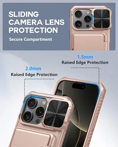 ATATOO for iPhone 16 Pro Case Wallet, Built-in Card Holder (Store 3-5 Cards) & Slide Lens Cover, Military Grade Protection, Shockproof Silicone Protective Case for iPhone 16 Pro 6.3