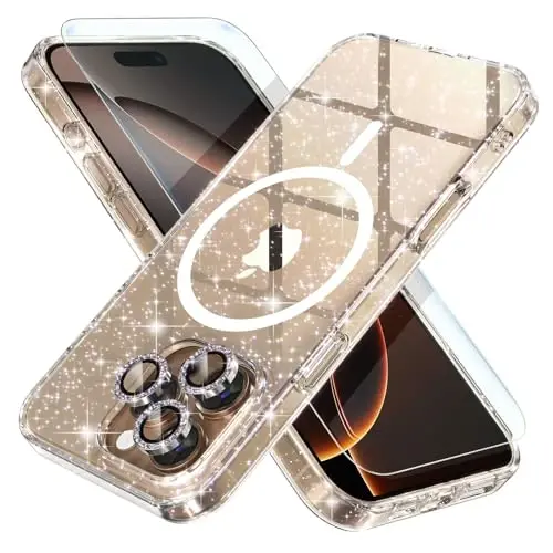 Choiche for iPhone 16 Pro Case Magnetic, Women Clear Glitter Bling Sparkly Case, [3xDiamond Camera Lens Protectors] [2xTempered Glass Screen Protectors] [Compatible MagSafe] 6.3