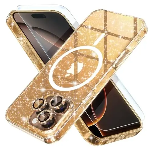 iPhone 16 Pro Kılıf için Seçim Manyetik, Kadın Şeffaf Parıltılı Parlak Kılıf, [3xElmas Kamera Merceği Koruyucuları] [2xTemperli Cam Ekran Koruyucuları] [MagSafe Uyumlu] 6.3