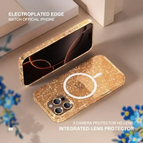 iPhone 16 Pro Kılıf için Seçim Manyetik, Kadın Şeffaf Parıltılı Parlak Kılıf, [3xElmas Kamera Merceği Koruyucuları] [2xTemperli Cam Ekran Koruyucuları] [MagSafe Uyumlu] 6.3