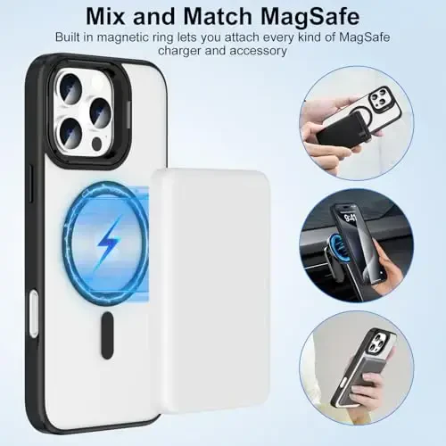 SQMCase Designed for iPhone 16 Pro Case Magnetic with Kickstand & Sreen Protector,Slim Shockproof Military protecive Buil-in Camera Ring Stand Phone Cover Case for 16 Pro 2024 6.3inch (Black) - 3