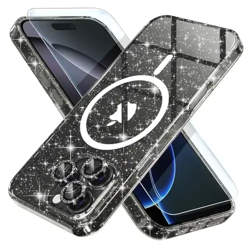 Choiche for iPhone 16 Pro Case Magnetic, Women Clear Glitter Bling Sparkly Case, [3xDiamond Camera Lens Protectors] [2xTempered Glass Screen Protectors] [Compatible MagSafe] 6.3