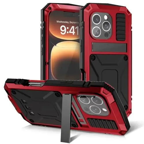 iPhone 16 Pro Kılıfı 6.3 inç Ağır Hizmet Tipi Sağlam [Alüminyum Stand] Askeri Sınıf Metal Kauçuk [Dahili Ekran Koruyucu Kamera Lensi] Telefon Kapağı (, iPhone 16 Pro 6.3'' 2024 için uygundur) Kırmızı - LUNIVOP (1)