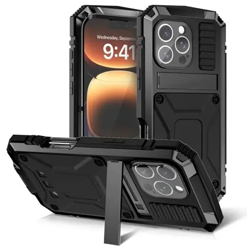 iPhone 16 Pro Kılıfı 6.3 inç Ağır Hizmet Tipi Sağlam [Alüminyum Standlı] Askeri Sınıf Metal Kauçuk [Dahili Ekran Koruyucu Kamera Lensi] Telefon Kılıfı (, iPhone 16 Pro 6.3'' 2024 için uygundur) Siyah - 8