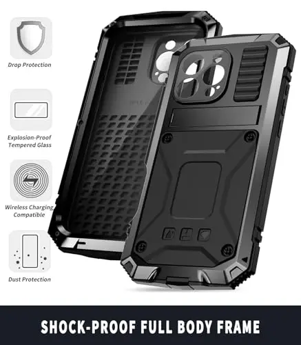 iPhone 16 Pro Kılıfı 6.3 inç Ağır Hizmet Tipi Sağlam [Alüminyum Standlı] Askeri Sınıf Metal Kauçuk [Dahili Ekran Koruyucu Kamera Lensi] Telefon Kılıfı (, iPhone 16 Pro 6.3'' 2024 için uygundur) Siyah - 10
