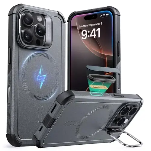 ESR for iPhone 16 Pro Case with Stash Stand, Camera Control, 23FT Military-Grade Shock-Absorbing Drop Protection, Compatible with MagSafe Accessories, Magnetic Cyber Series, Grey - ESR