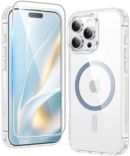 FNTCASE for iPhone 16 Pro Case: Clear Magnetic Phone Cases Compatible with Magsafe Slim Anti Yellowing Military Grade Drop Protection Rugged Protective Transparent Cell Cover (B-Z Blue) 