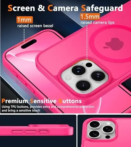 FNTCASE for iPhone 16 Pro Case: [Compatible with Magsafe] Translucent Matte Magnetic Phone Cover - Military Grade Drop Protection Shockproof Protective Cases - Hot Pink - 6