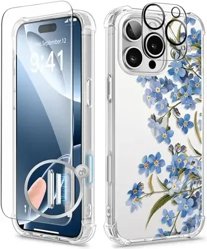 GVIEWIN for iPhone 16 Pro Case, with Screen Protector & Camera Lens Protector, Floral Shockproof Protective Bumper Slim Clear Phone Cover for Women 2024 6.3'', Aconite/Blue - 1