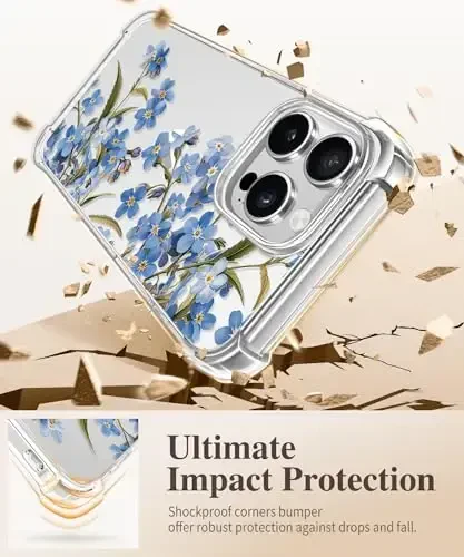 GVIEWIN for iPhone 16 Pro Case, with Screen Protector & Camera Lens Protector, Floral Shockproof Protective Bumper Slim Clear Phone Cover for Women 2024 6.3'', Aconite/Blue - 4