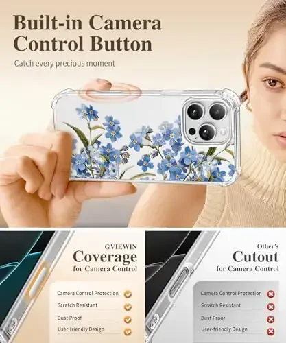 GVIEWIN for iPhone 16 Pro Case, with Screen Protector & Camera Lens Protector, Floral Shockproof Protective Bumper Slim Clear Phone Cover for Women 2024 6.3'', Aconite/Blue - 5