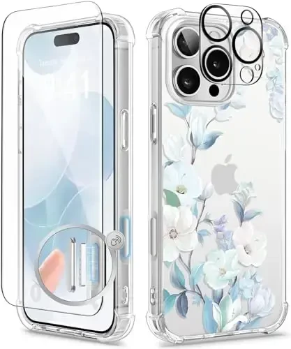 GVIEWIN for iPhone 16 Pro Case, with Screen Protector & Camera Lens Protector, Military-Grade Protection, Clear Shockproof Slim Floral Women Phone Case for iPhone 16 Pro, Hibiscus - GVIEWIN