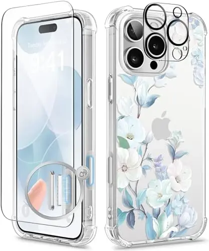 GVIEWIN for iPhone 16 Pro Case, with Screen Protector & Camera Lens Protector, Floral Shockproof Protective Bumper Slim Clear Phone Cover for Women 2024 6.3'', Hibiscus 