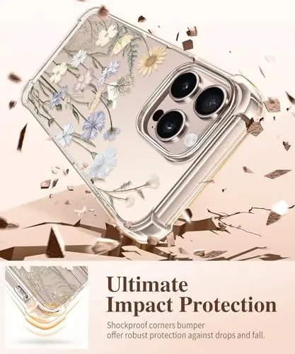 GVIEWIN for iPhone 16 Pro Case, with Screen Protector & Camera Lens Protector, Floral Shockproof Protective Bumper Slim Clear Phone Cover for Women 2024 6.3'', Vibrant Spring - 4