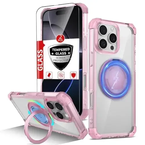 IYTRRYH for iPhone 16 Pro Case Magnetic Compatible with MagSafe Wireless Charging,with 2 Screen Protector,Built-in Kickstand,for 16 Pro Phone Case Military Grade Heavy Duty Protection Shockproof Pink - IYTRRYH