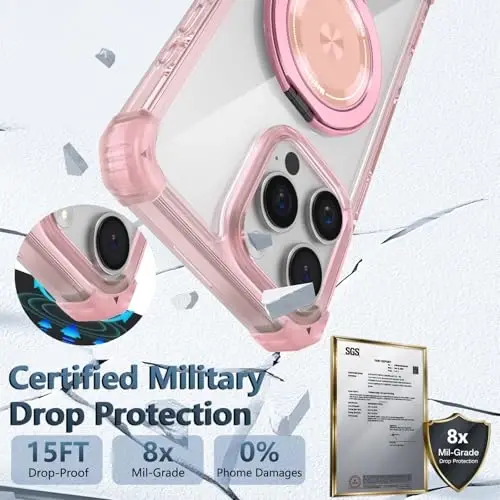 IYTRRYH for iPhone 16 Pro Case Magnetic Compatible with MagSafe Wireless Charging,with 2 Screen Protector,Built-in Kickstand,for 16 Pro Phone Case Military Grade Heavy Duty Protection Shockproof Pink - 6