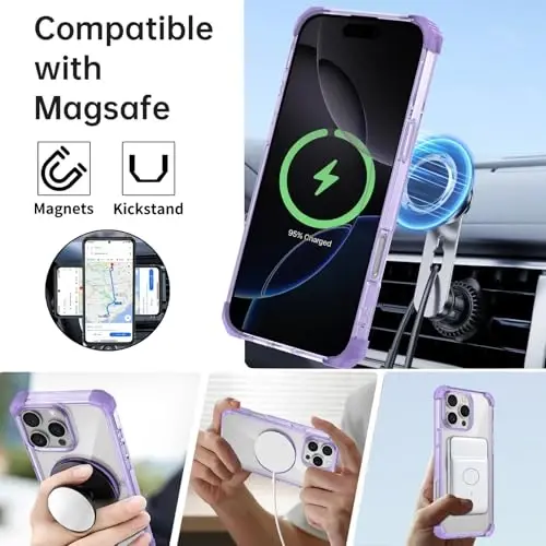 IYTRRYH for iPhone 16 Pro Case Magnetic Compatible with MagSafe Wireless Charging,with 2 Screen Protector,Built-in Kickstand,for 16Pro Phone Case Military Grade Heavy Duty Protection Shockproof Purple - 11