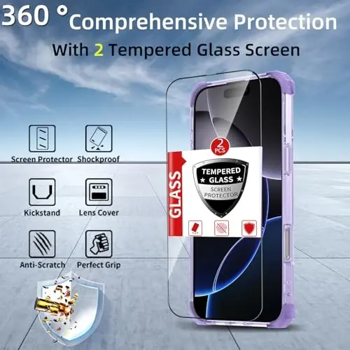 IYTRRYH for iPhone 16 Pro Case Magnetic Compatible with MagSafe Wireless Charging,with 2 Screen Protector,Built-in Kickstand,for 16Pro Phone Case Military Grade Heavy Duty Protection Shockproof Purple - 3