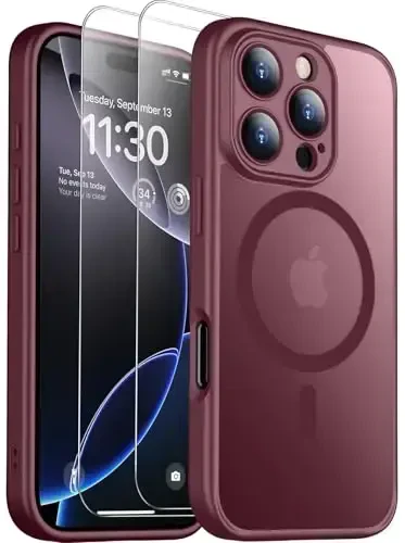SPIDERCASE Designed for iPhone 16 Pro Case, Magnetic Translucent[2+Tempered Glass Screen Protector] [Camera Protection] Anti-Fingerprint Anti-Scratch for iPhone 16 Pro 6.3”, Wine Red - SPIDERCASE