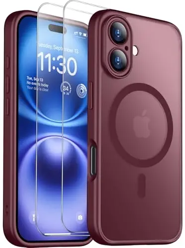 SPIDERCASE Designed for iPhone 16 Case, Magnetic Translucent [2+Tempered Glass Screen Protector] [Camera Protection] Anti-Fingerprint Anti-Scratch for iPhone 16 6.1”, Wine Red - 1
