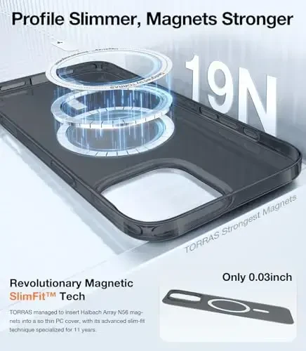 TORRAS Magnetic Slim Fit for iPhone 16 Pro Case, 6.3 inch, Ultra-Thin, Compatible with MagSafe, Lightweight Matte Anti-Scratch Hard PC Cover Phone Case, Clear Black - 3