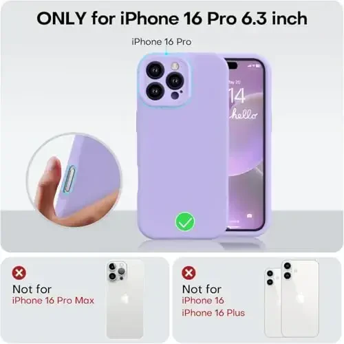 Vooii Compatible with iPhone 16 Pro Case, Liquid Silicone Upgrade [Camera Protection] [Soft Anti-Scratch Microfiber Lining] Shockproof Phone Case for iPhone 16 Pro 6.3 inch - Light Purple - 5