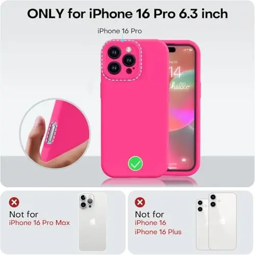 Vooii Compatible with iPhone 16 Pro Case, Liquid Silicone Upgrade [Camera Protection] [Soft Anti-Scratch Microfiber Lining] Shockproof Phone Case for iPhone 16 Pro 6.3 inch - Hot Pink - 5
