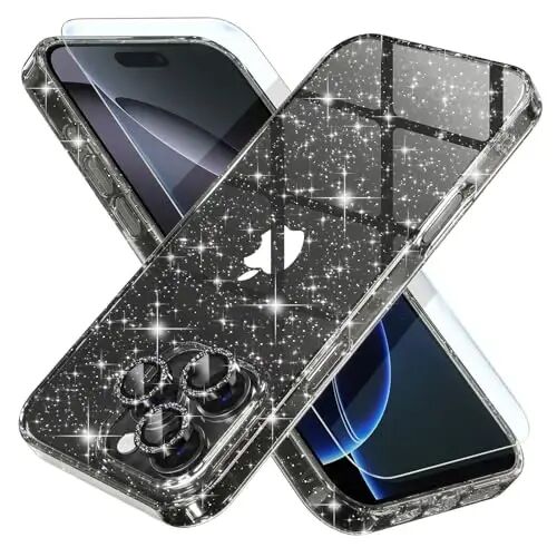 Choiche Compatible for iPhone 16 Pro Case Women Phone Case, Cute Bling Sparkly, Military Grade Drop Protection, 3 Diamond Camera Lens Covers, 2 Tempered Glass Protectors, 6.3 inch (Glitter Black) 