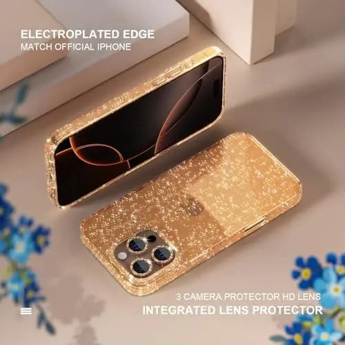 Choiche Compatible for iPhone 16 Pro Case Women Phone Case, Cute Bling Sparkly, Military Grade Drop Protection, 3 Diamond Camera Lens Covers, 2 Tempered Glass Protectors, 6.3 inch (Glitter Gold) - 5
