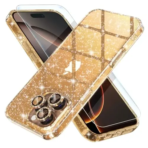 Choiche Compatible for iPhone 16 Pro Case Women Phone Case, Cute Bling Sparkly, Military Grade Drop Protection, 3 Diamond Camera Lens Covers, 2 Tempered Glass Protectors, 6.3 inch (Glitter Gold) - 1