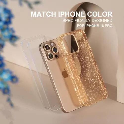 Choiche Compatible for iPhone 16 Pro Case Women Phone Case, Cute Bling Sparkly, Military Grade Drop Protection, 3 Diamond Camera Lens Covers, 2 Tempered Glass Protectors, 6.3 inch (Glitter Gold) - 2