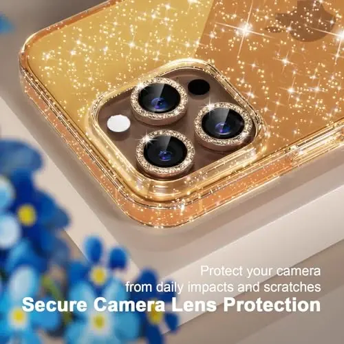 Choiche Compatible for iPhone 16 Pro Case Women Phone Case, Cute Bling Sparkly, Military Grade Drop Protection, 3 Diamond Camera Lens Covers, 2 Tempered Glass Protectors, 6.3 inch (Glitter Gold) - 4