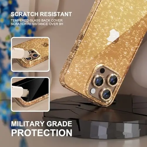 Choiche Compatible for iPhone 16 Pro Case Women Phone Case, Cute Bling Sparkly, Military Grade Drop Protection, 3 Diamond Camera Lens Covers, 2 Tempered Glass Protectors, 6.3 inch (Glitter Gold) - 6