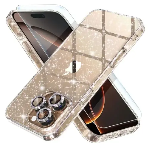 Choiche Compatible for iPhone 16 Pro Case Women Phone Case, Cute Bling Sparkly, Military Grade Drop Protection, 3 Diamond Camera Lens Covers, 2 Tempered Glass Protectors, 6.3 inch (Glitter Clear) - 1