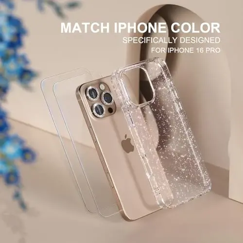 Choiche Compatible for iPhone 16 Pro Case Women Phone Case, Cute Bling Sparkly, Military Grade Drop Protection, 3 Diamond Camera Lens Covers, 2 Tempered Glass Protectors, 6.3 inch (Glitter Clear) - 2