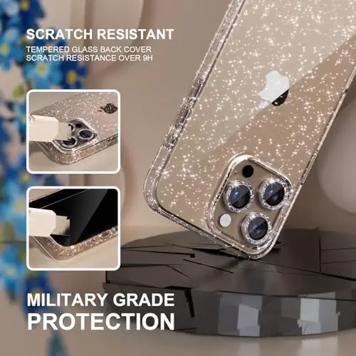 iPhone 16 Pro Kılıfı Kadın Telefon Kılıfı için Seçim Uyumlu, Sevimli Parıltılı, Askeri Sınıf Düşme Koruması, 3 Elmas Kamera Lens Kapağı, 2 Temperli Cam Koruyucu, 6,3 inç (Parıltılı Şeffaf) 