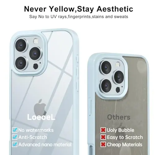 LoeoeL for iPhone 16 Pro Case Clear, Transparent Hybrid 16 Pro Phone Case [Hard Plastic & Soft Silicone Bumper] Acrylic Non Yellowing Thin Slim Protective Cover for Women, Light Blue - 4