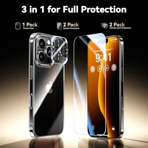 Opxyl Not Yellowing for iPhone 16 Pro Case Clear, 360° Protection with 2X Screen Protector + 2X Camera Lens Protector, Military Grade Shockproof Phone Case Slim Cover for iPhone 16 Pro, Clear - 4