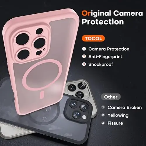 iPhone 16 Pro Max 6.9 inç için Magsafe Şarj Cihazı ile Uyumlu, Tam Kamera Koruması, Düşme Koruması, Yarı Saydam Mat Telefon Kılıfı, TOCOL, Açık Pembe - 5