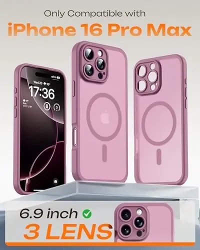 iPhone 16 Pro Max 6.9 inç için TOCOL Kılıf, Magsafe Şarj Cihazı ile Uyumlu, Tam Kamera Koruması, Düşme Koruması, Yarı Saydam Mat Telefon Kılıfı (Lila Mor) - 2